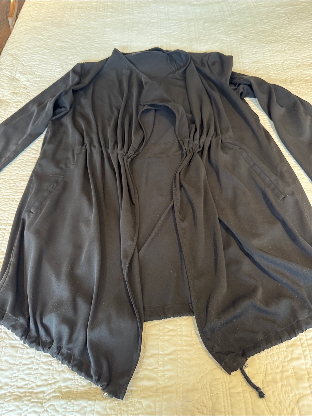 Black Drawstring Open Front Longline Cardigan/Jacket